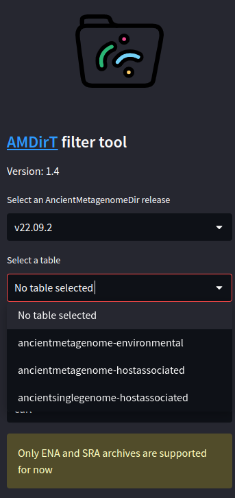 AMDirT side bar with table dropdown menu