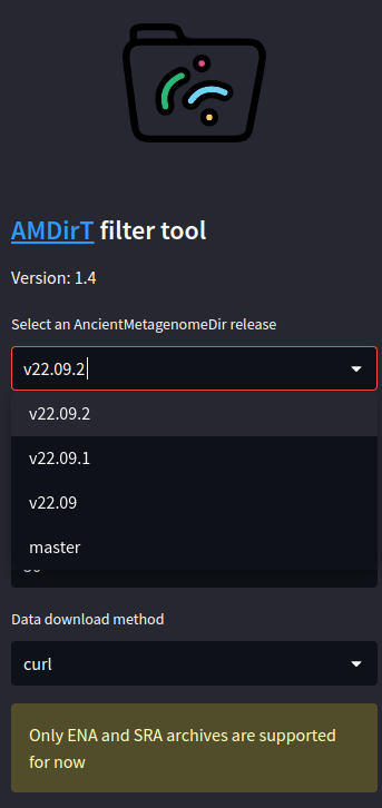 AMDirT side bar with version dropdown menu